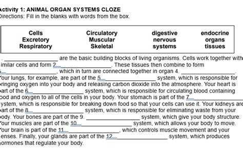 animal organ systems cloze answers Reader