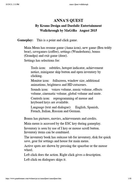 Anna S Quest Walkthrough