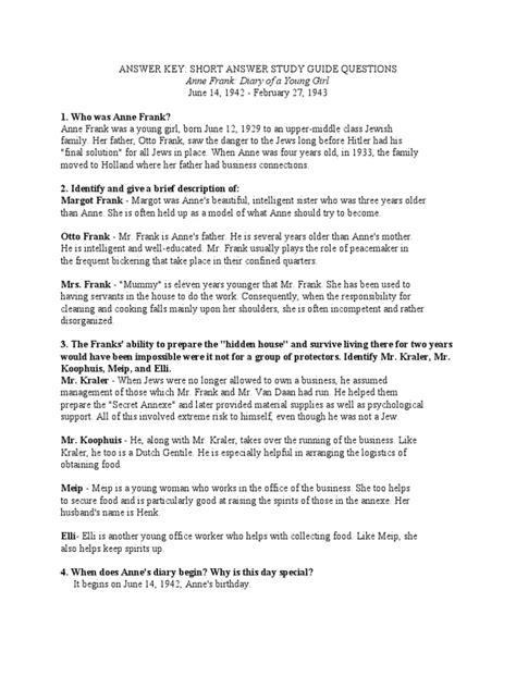 anne frank study guide answers pdf Kindle Editon