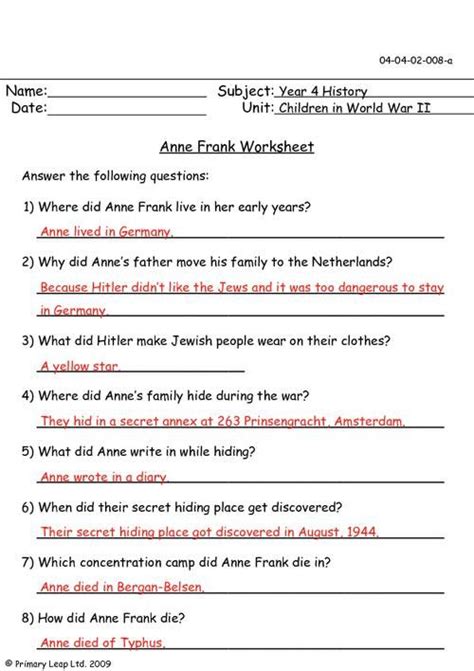 anne frank web quest research sheet answers PDF