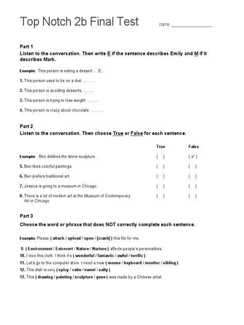 answer final exam top notch 2b Reader