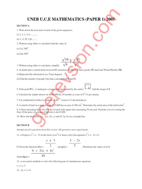 answer for uneb maths paper 1 2005 Epub
