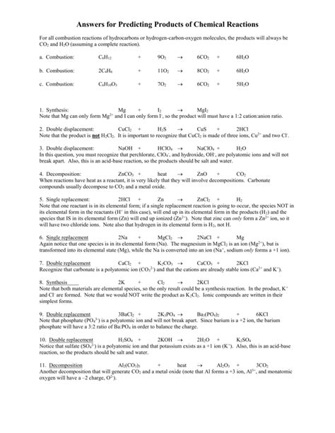 answer key for predicting products in reactions Doc