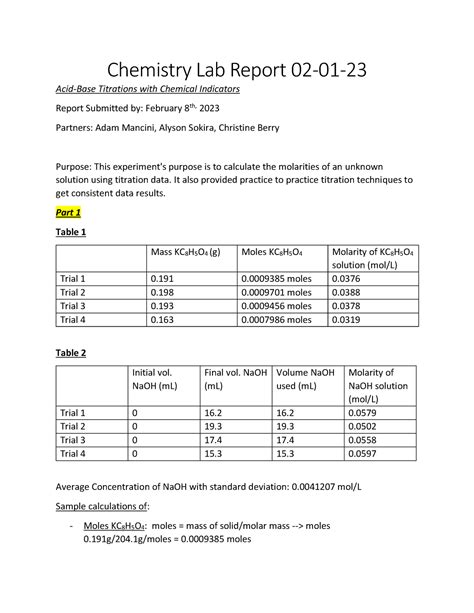 answer key report for experiment 23 titration PDF