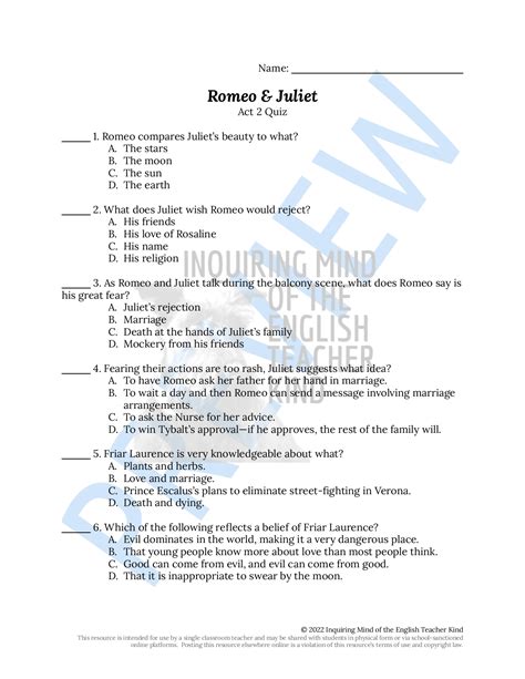 answer key romeo and juliet packet PDF