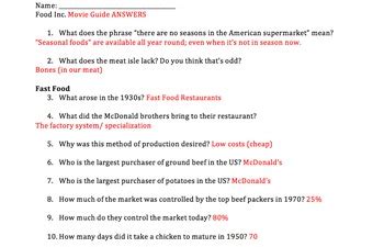 answer key to food inc packet Reader