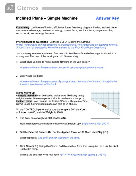 answer key to student exploration inclined plane simple machines PDF
