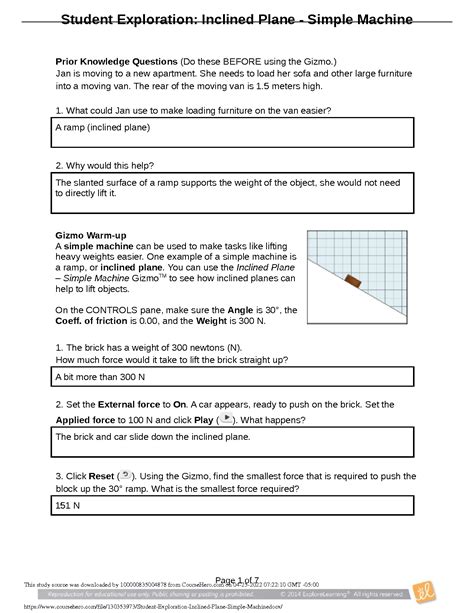 answer key to student exploration inclined plane simple machines PDF