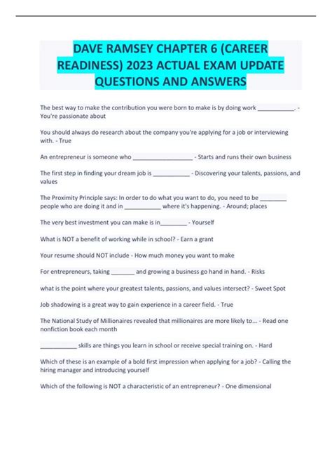 answer sheet dave ramsey PDF