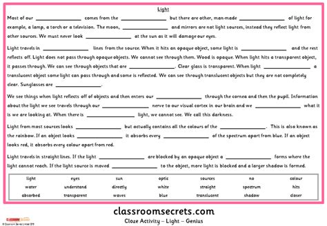 answer sheet for light cloze Reader