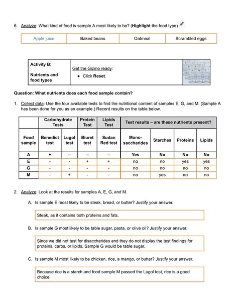 answer sheet to gizmo identifying nutrients Doc