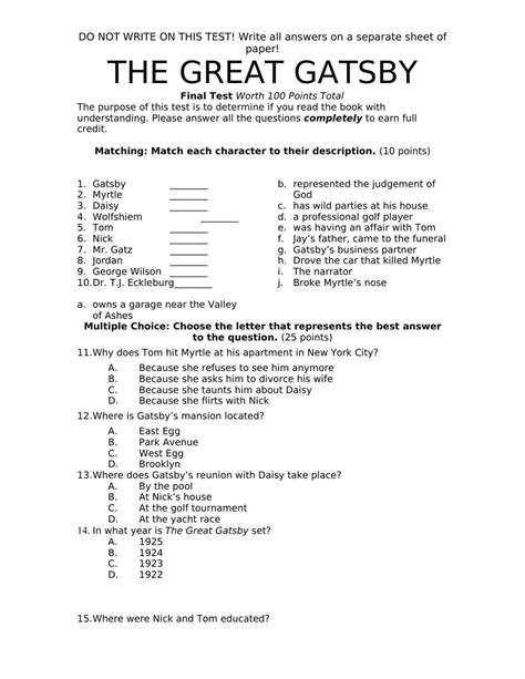 answer sheet to the great gatsby packet Epub
