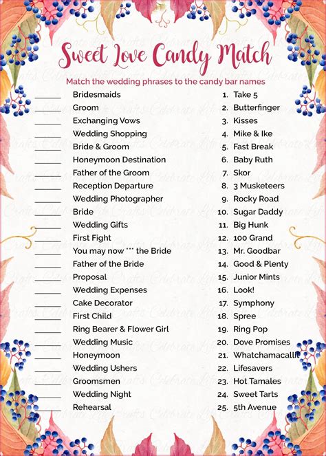 answers for bridal shower candy match game Reader