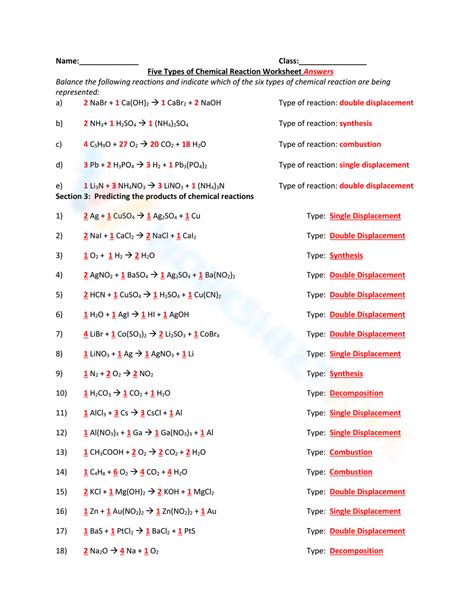 answers for types of reactions Doc