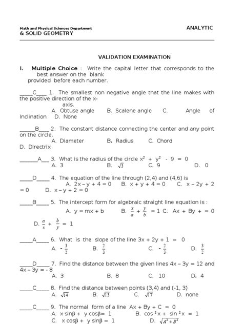 answers to analytic geometry exam review Reader