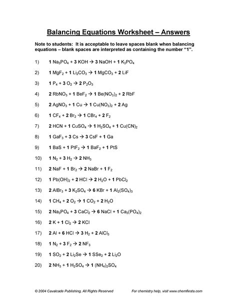 answers to balancing equations worksheet PDF