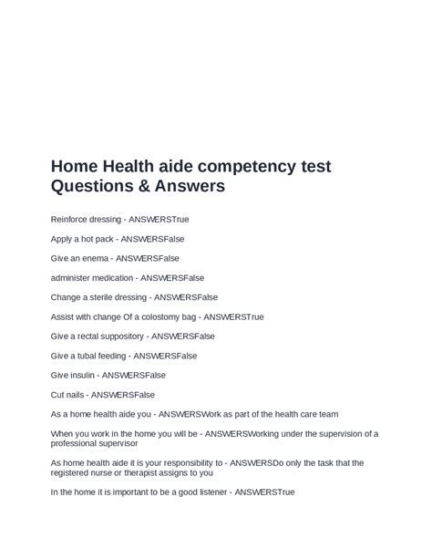 answers to home health aide competency test Epub