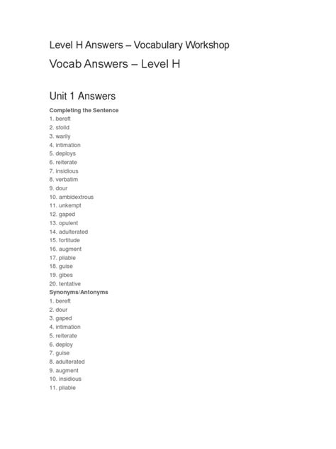 answers to level h vocabulary Doc