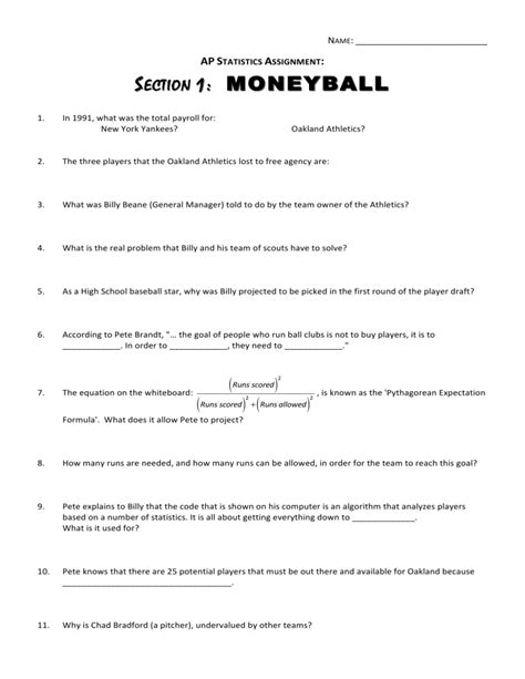 answers to moneyball ap statistics assignment Doc