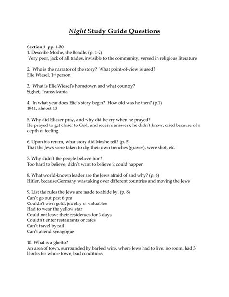 answers to night study guide questions PDF
