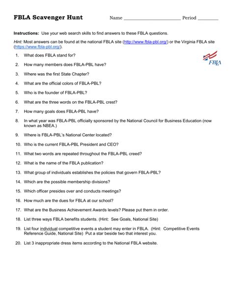 answers to the fbla scavenger hunt Doc