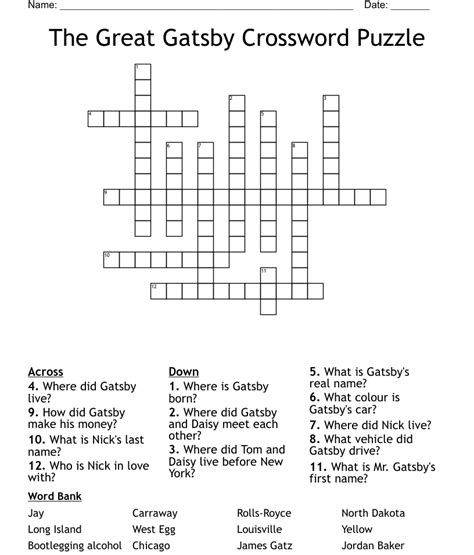 answers to the great gatsby crossword PDF