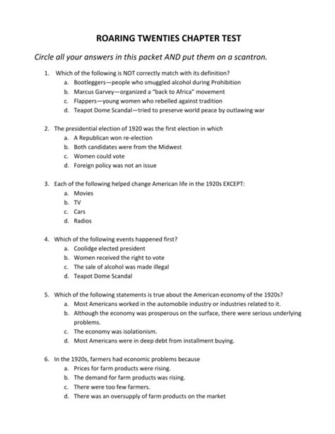 answers to the roaring twenties test preparation Doc