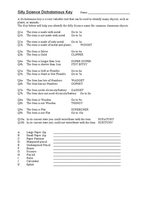 answers to the silly science dichotomous key Doc