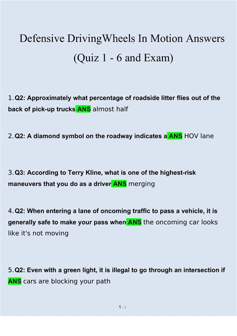 answers to wheels in motion defensive driving Doc