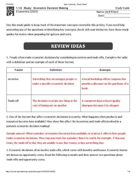 apex study sheet answer key economics Reader