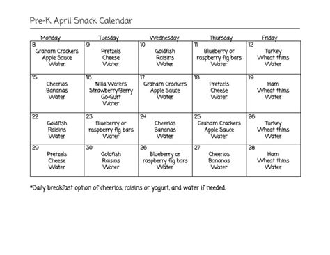 april snack calendar template PDF