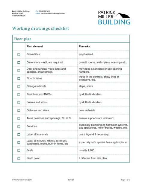 architectural working drawing checklist PDF