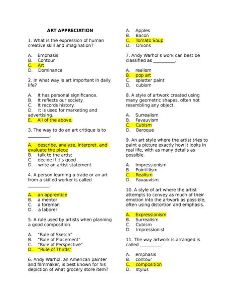 art appreciation questions and answers PDF