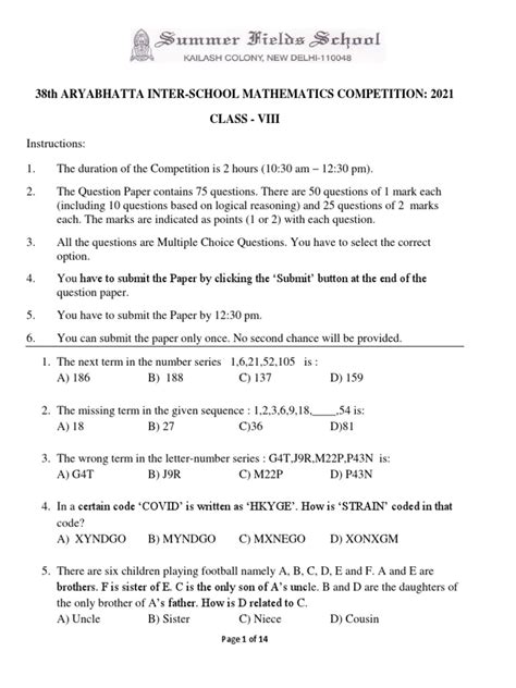 aryabhatta exam sample papers for class 8 Epub