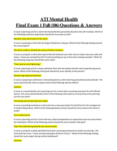 ati mental health final answers PDF