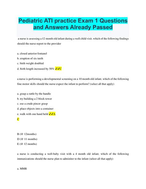 ati test answers for pediatric assessment practice PDF