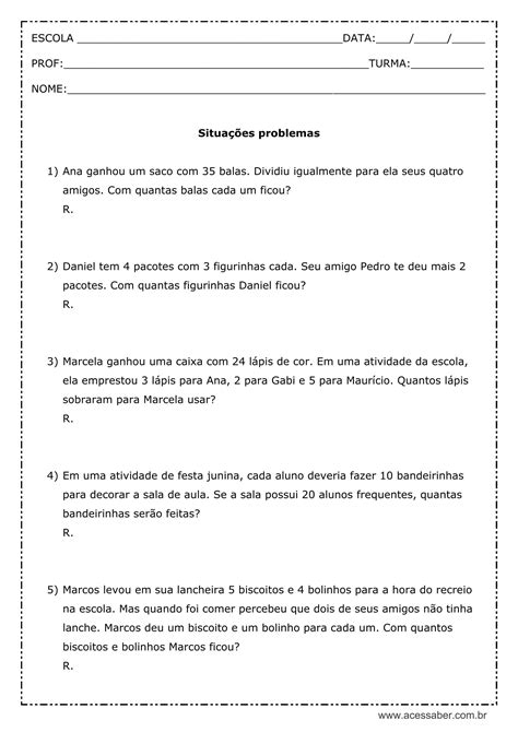 atividades probleminhas 4 ano