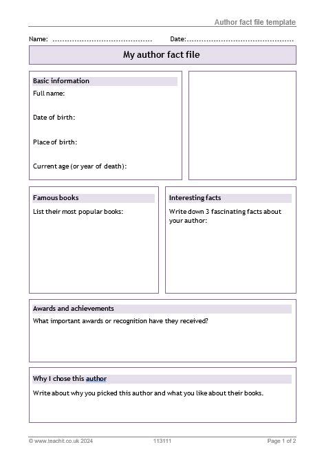 author fact file template ks2 PDF