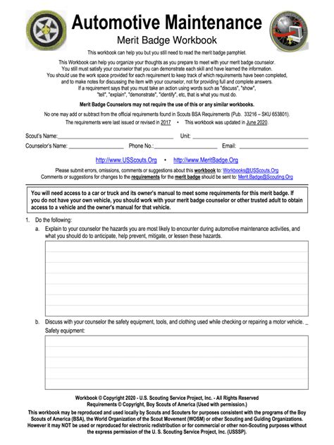 auto maintenance merit badge worksheet PDF