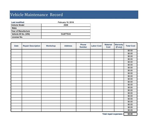 auto maintenance record template PDF