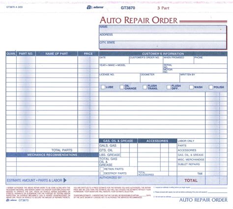 auto repair work order forms Doc