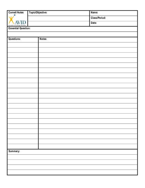 avid cornell notes template math PDF