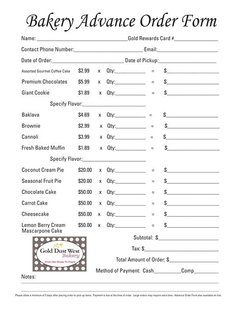 Bakery Order Form Templates