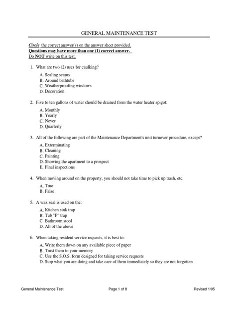 basic apartment maintenance test questions with answers PDF