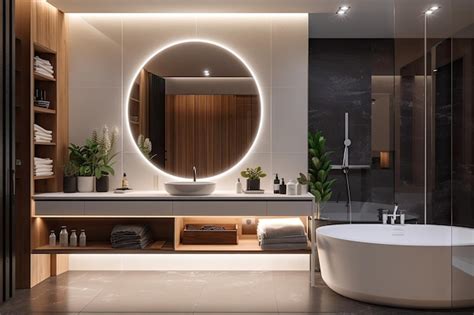 Bathroom showing ambient ceiling light, vanity task lights, and accent strip