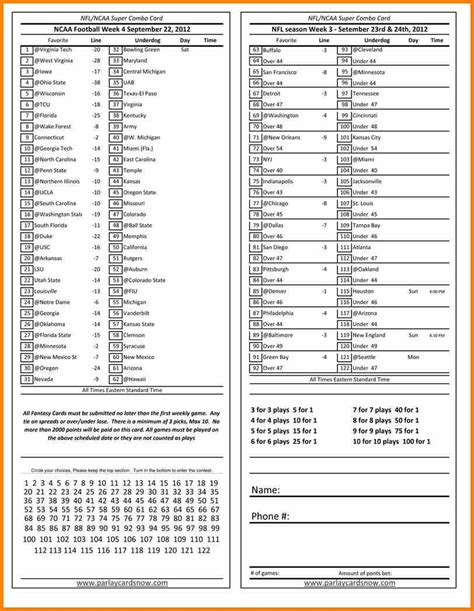 betting sheet for weeks