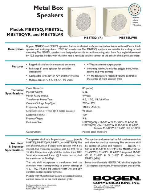bogen mb8tsl speakers owners manual PDF