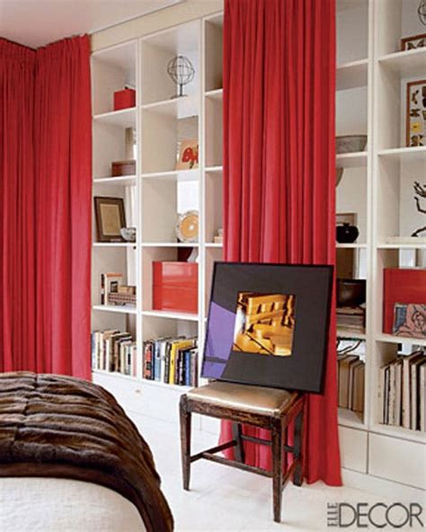 bookshelf with curtains