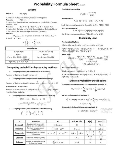 business statistics formula sheet probability chapter PDF