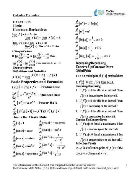 calc 3 formula sheet